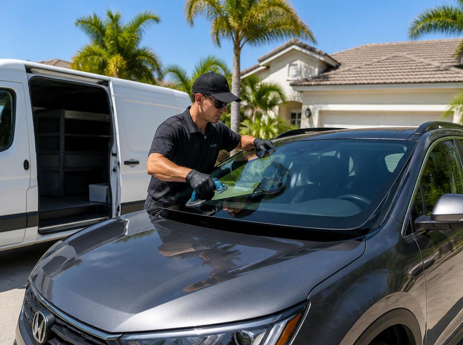 Mobile technician replacing a windshield on a modern SUV in a sunny Florida driveway